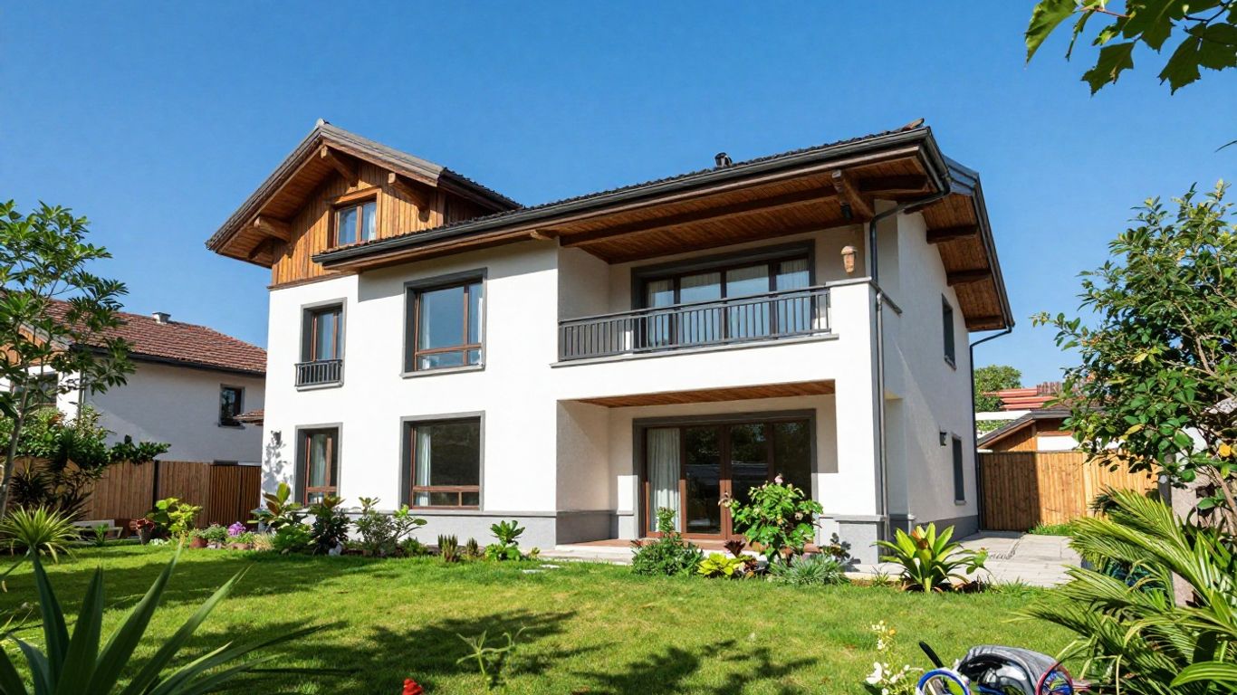 Chalet moderno con jardín y cielo azul.