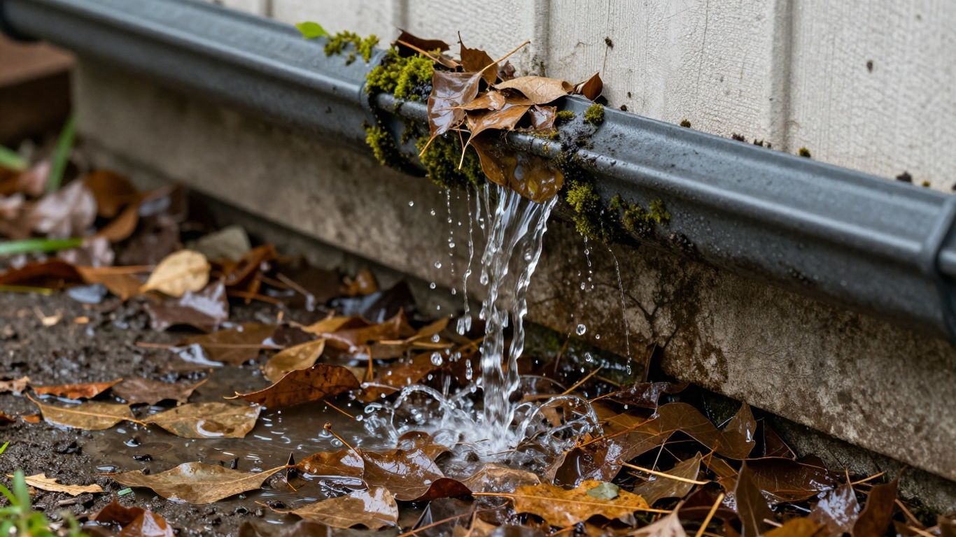 Clogged gutter overflowing with leaves and water.