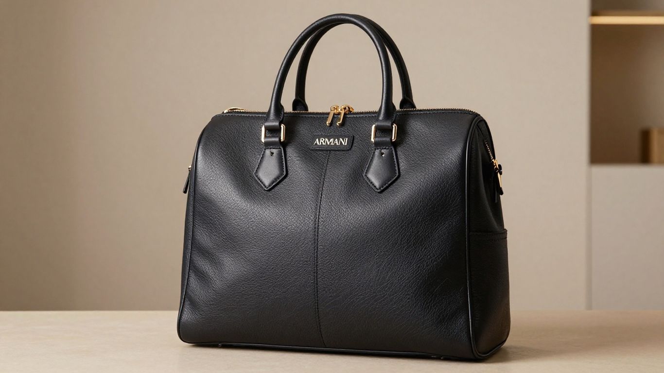 Armani luxury diaper bag with leather and gold hardware.