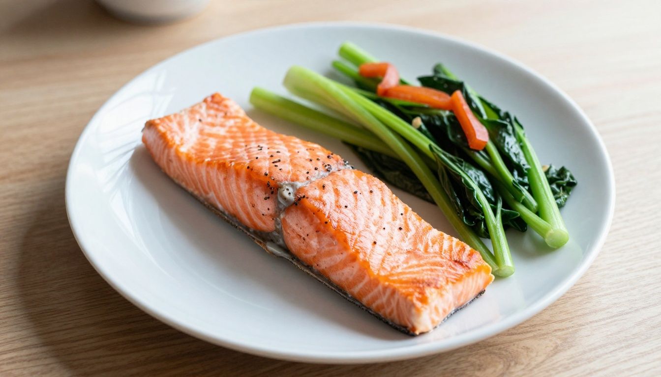 A thoughtful man in his 40s looking at a healthy meal of salmon and vegetables, contemplating the connection between food and his long-term energy and vitality.