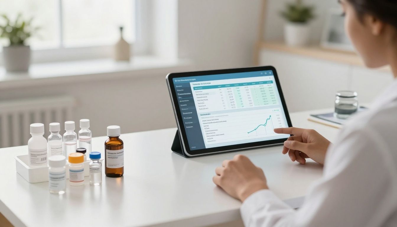 A high-quality, modern, well-organized health tech scene with organized medical supplies, vials, and a tablet displaying health data on a clean, bright desk set against a blurred morning home office background, reflecting diversity and calm precision.