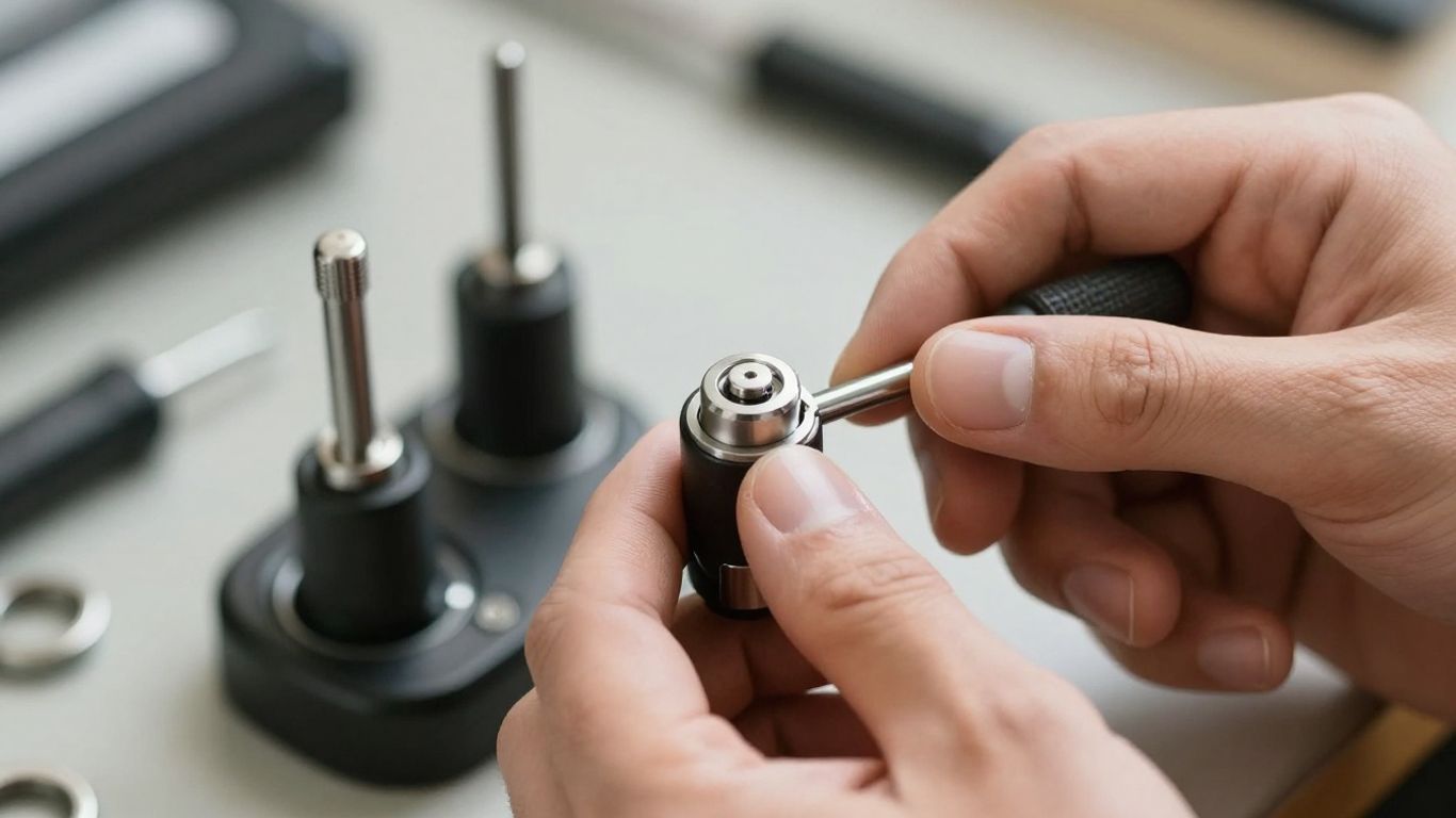 Locksmith fixing a car key ignition.