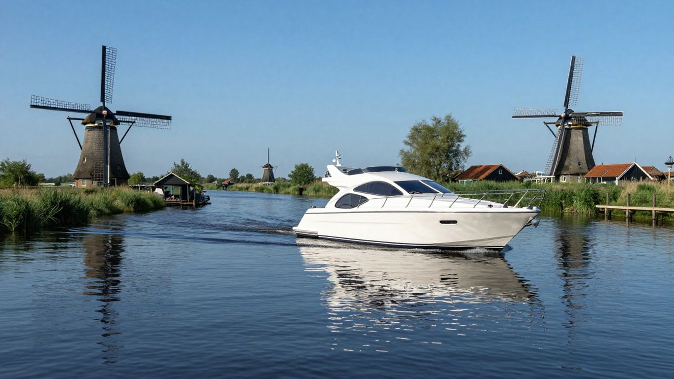 Motorjacht op Nederlands water met molen