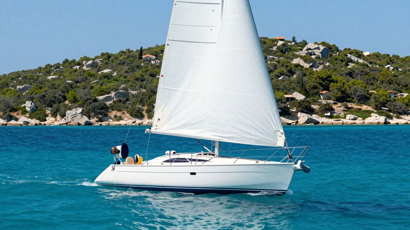 Yacht sailing on clear turquoise waters near Croatian islands.