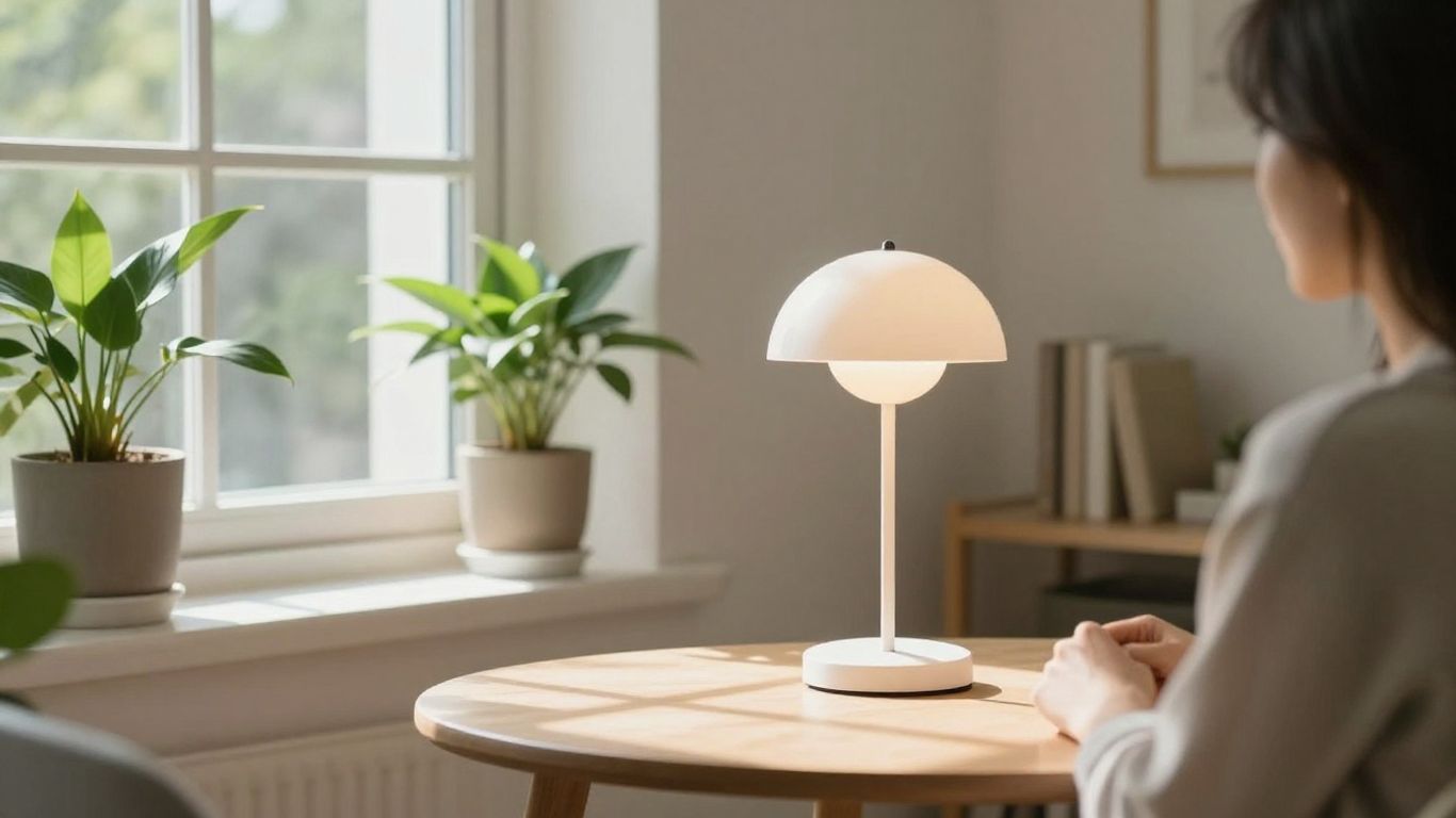 Person mit Tageslichtlampe in hellem modernen Zimmer