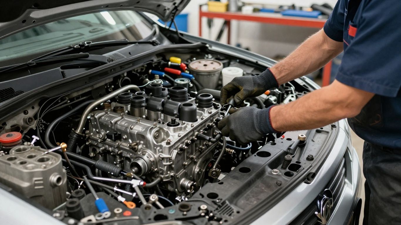 Mechanic repairing car engine in modern Wollongong workshop