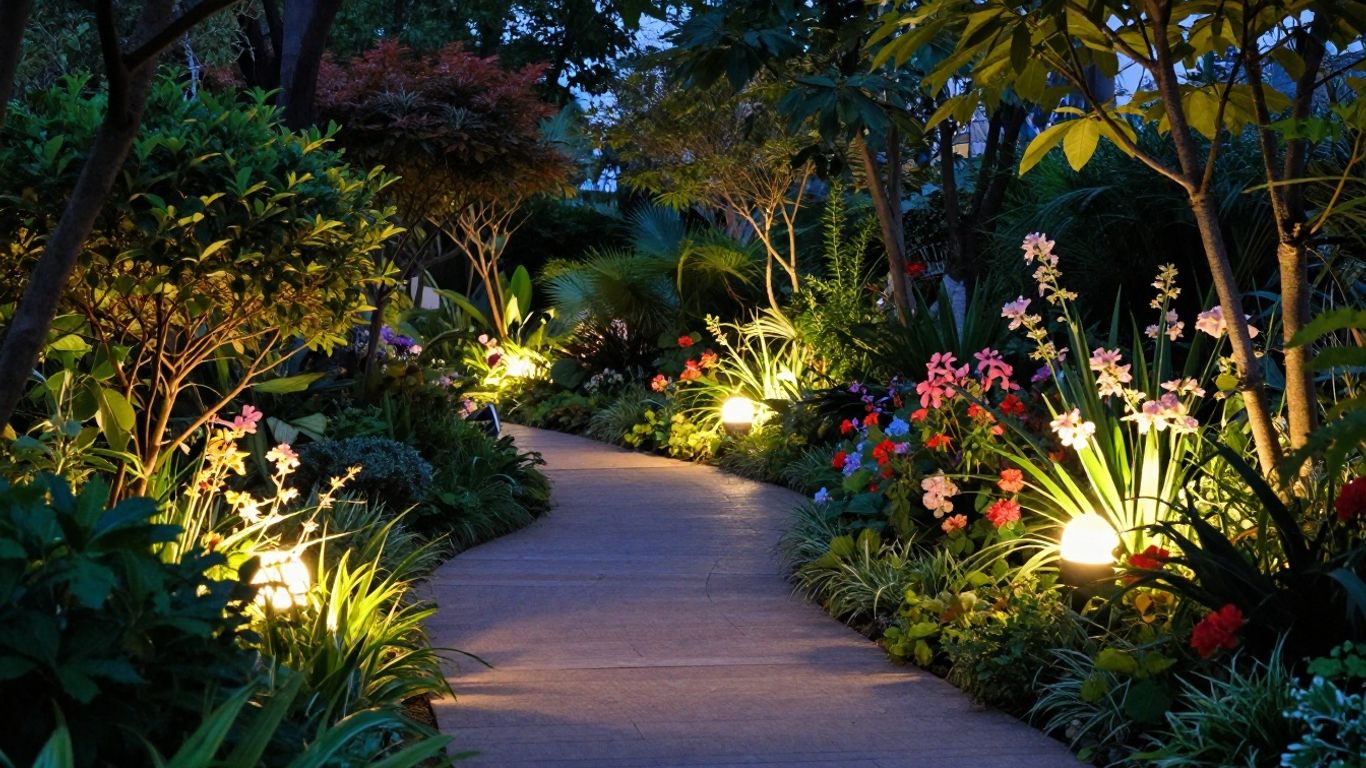 Garden illuminated by soft, warm low-voltage lights at dusk.