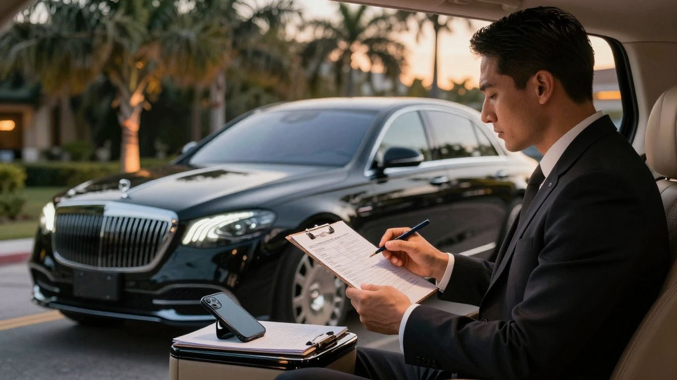 Chauffeur reviewing a clear ride quote beside sedan