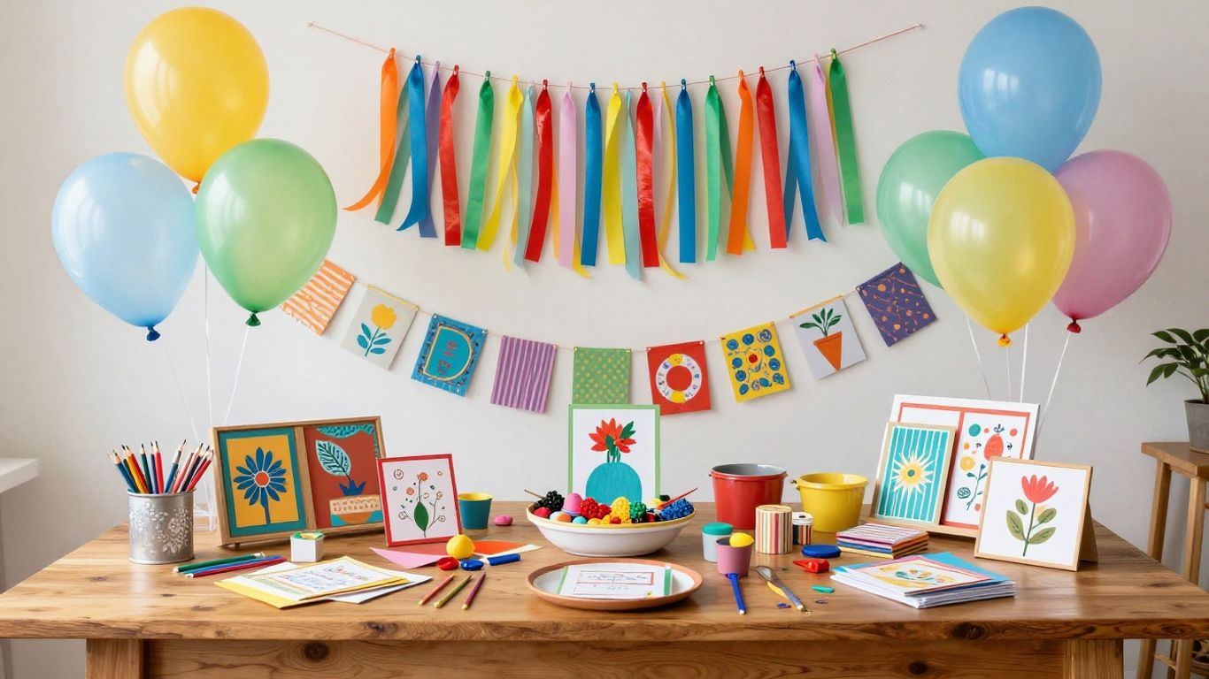 DIY party decorations and handmade invitations on a table.