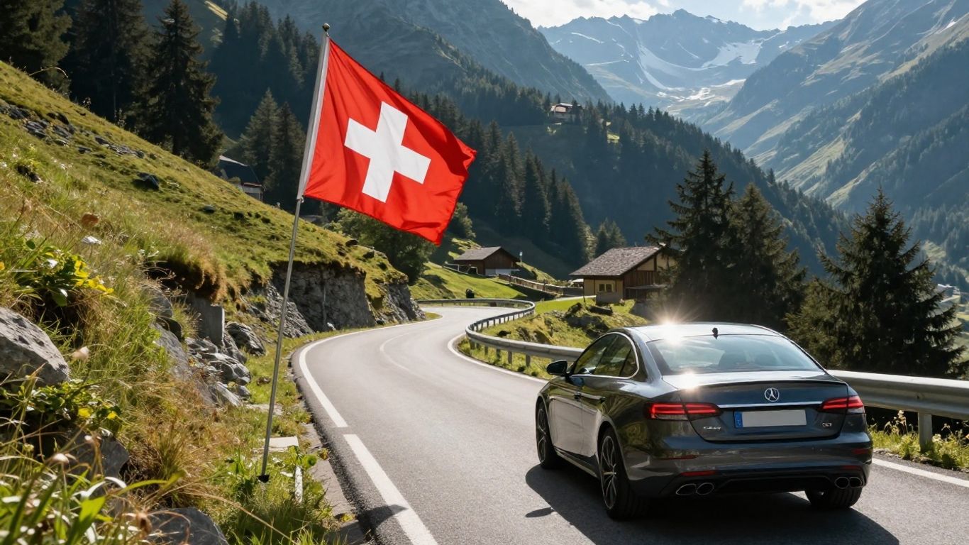 Schweizer Flagge und Auto auf Bergstraße