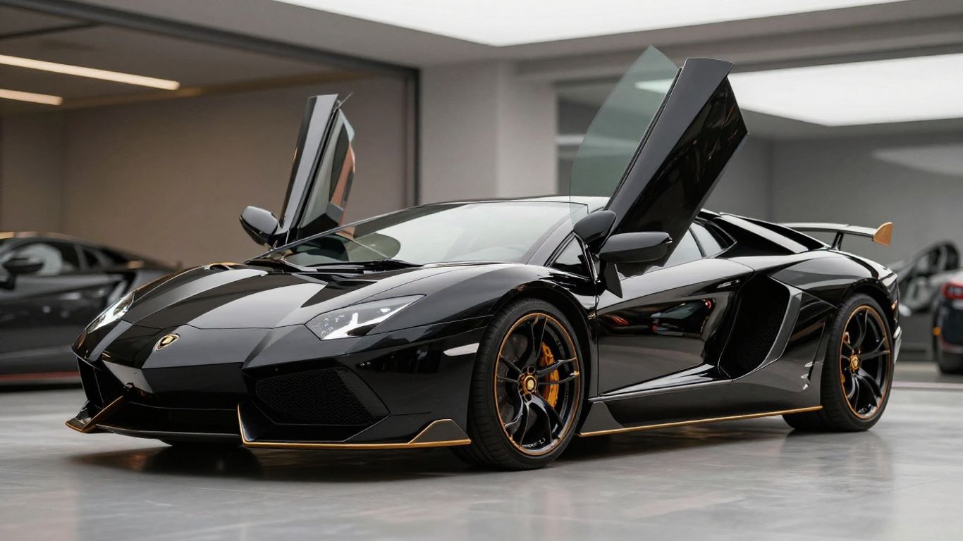 Black Lamborghini Aventador in a modern garage.