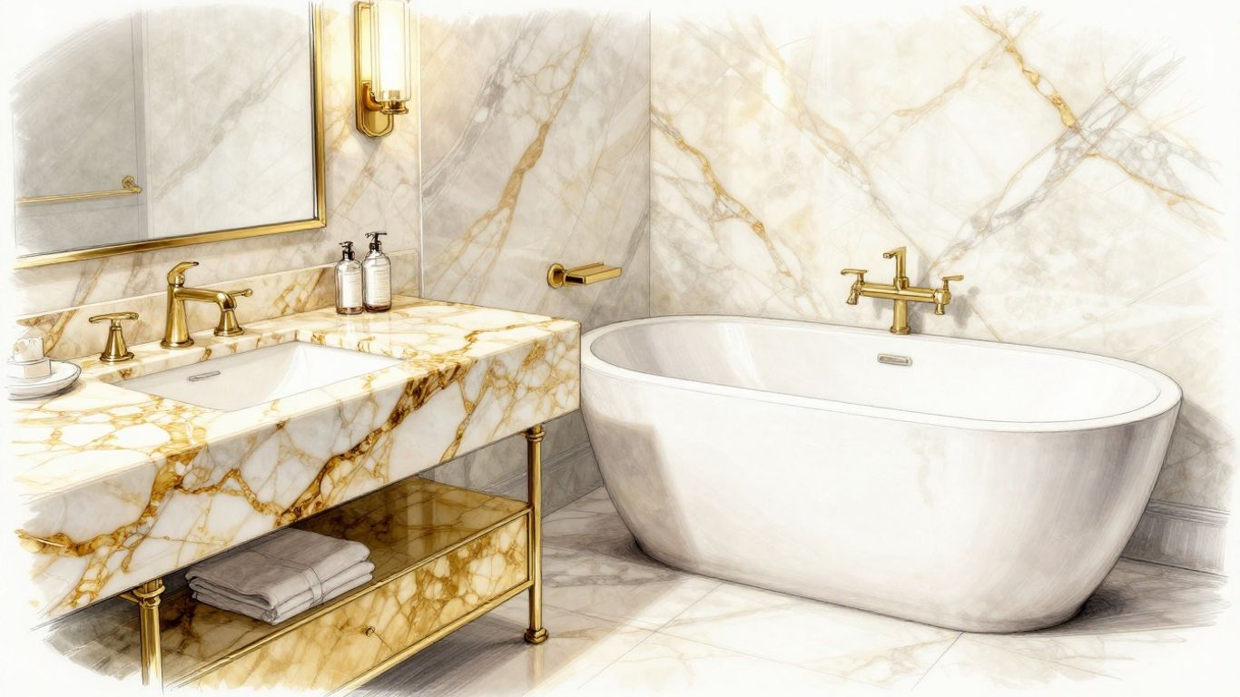 Calacatta Gold marble bathroom vanity and bathtub sketch.