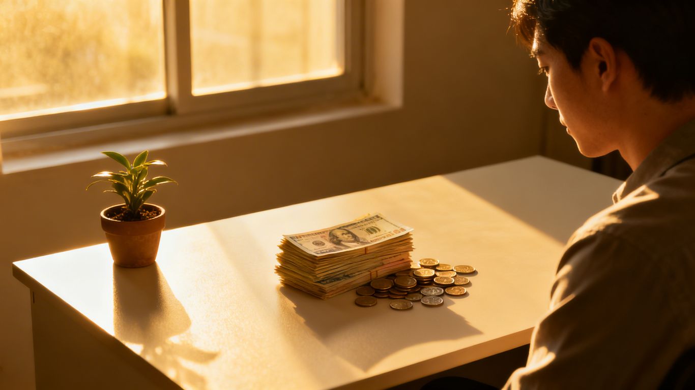 Person managing cash flow with bills and coins.