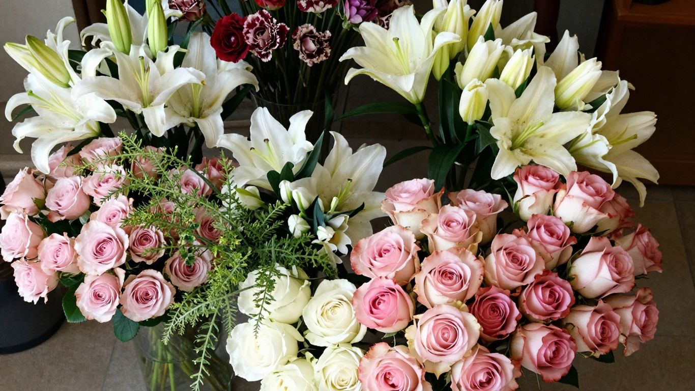 Beautiful floral arrangement with roses, lilies, and tulips.
