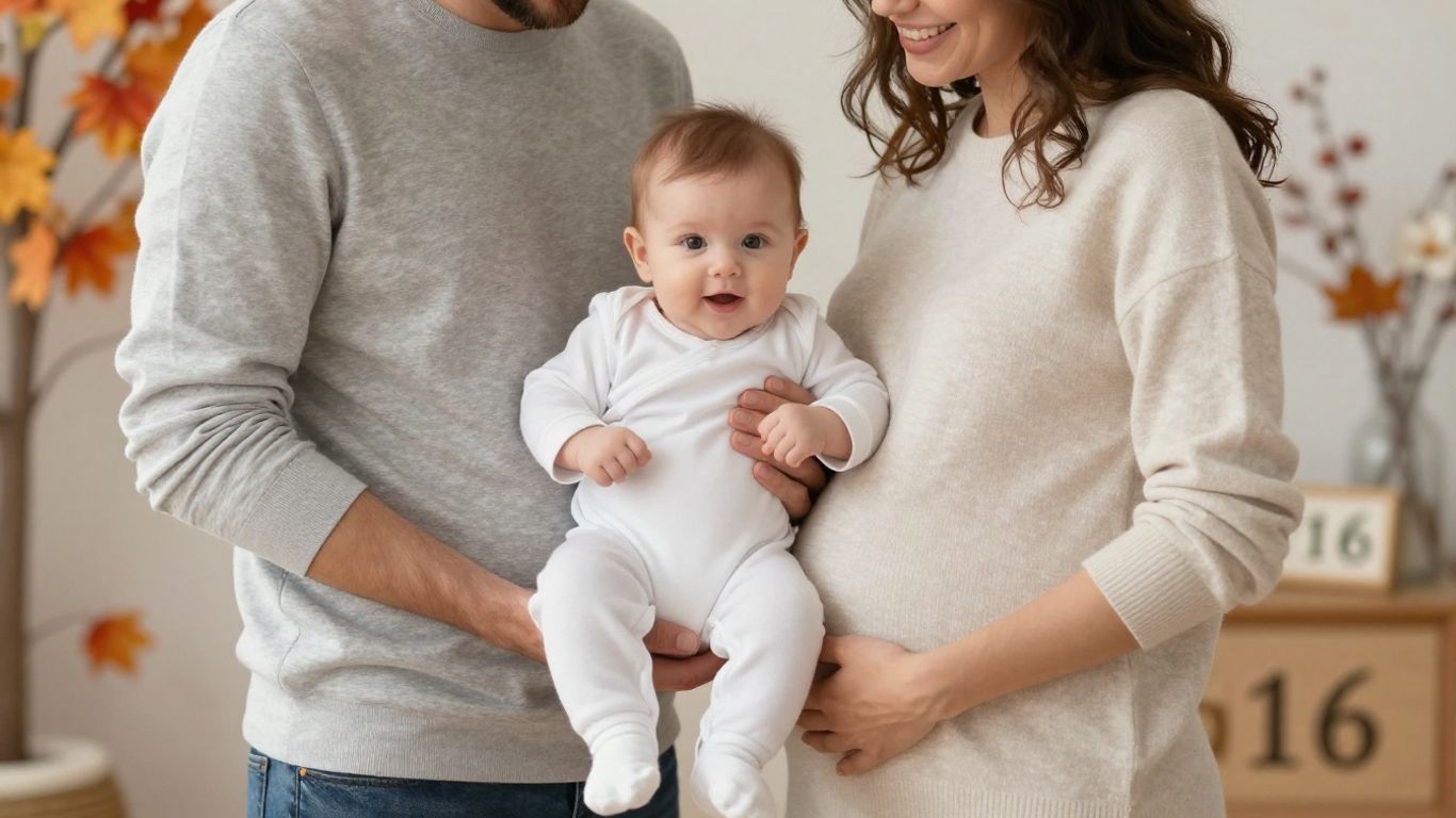 Couple holding baby onesie, seasonal decor, pregnancy announcement.