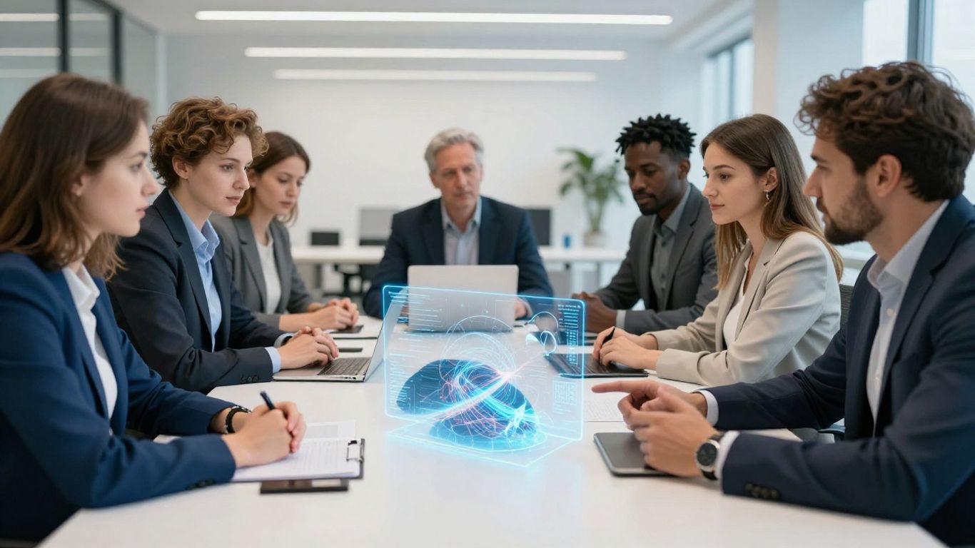 Menschen im Büro mit Technologie und blauen Akzenten.