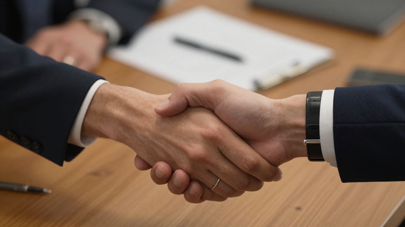Business partners shaking hands over a deal.