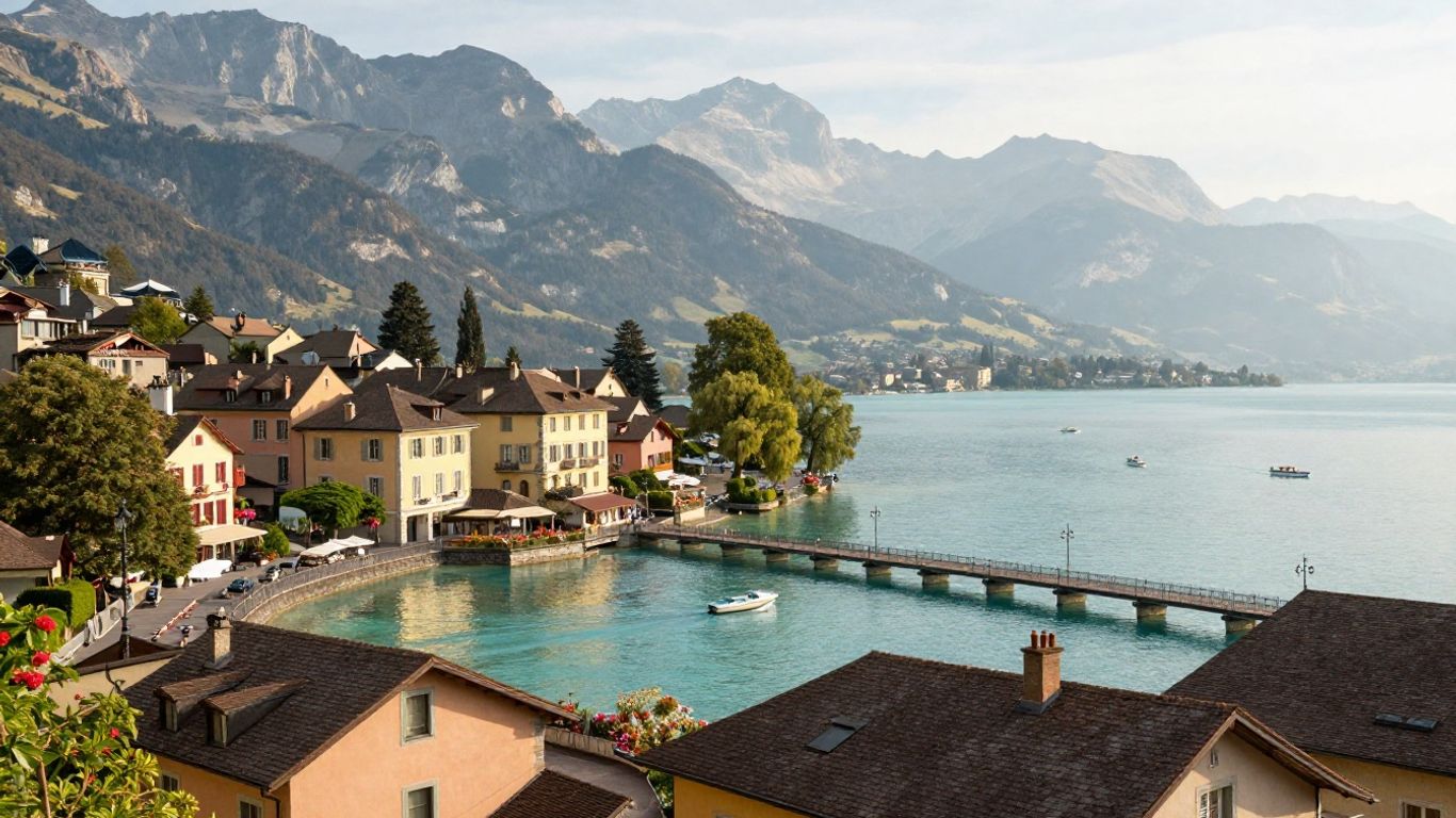 Annecy canals and lake beneath alpine peaks