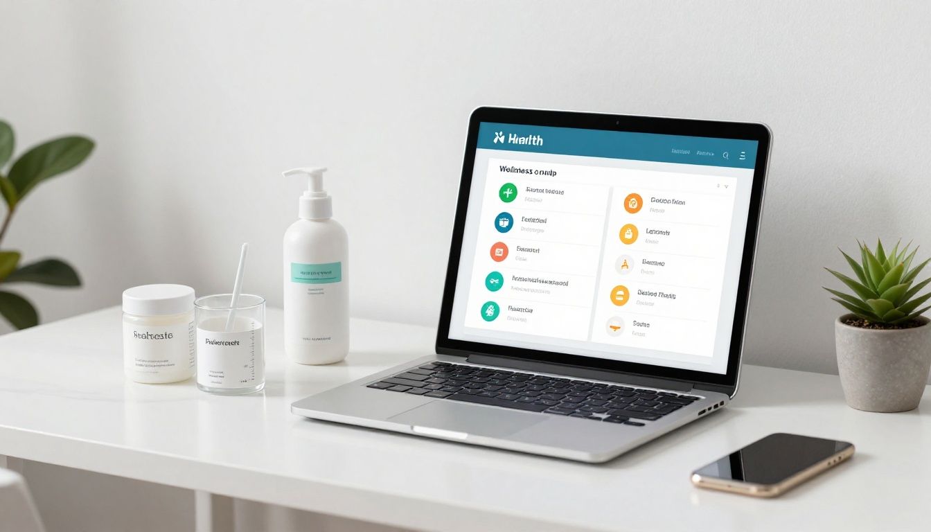 A modern, bright, high-tech workspace showing organized wellness supplies, a tablet displaying health data, and a clean, minimalist aesthetic, representing consistent daily health protocol and optimization.