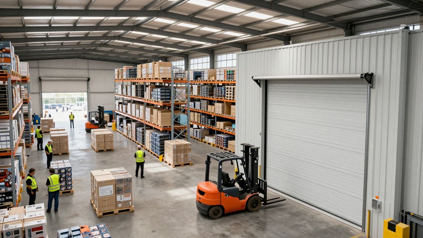Modern distribution center with forklifts and operations teams.