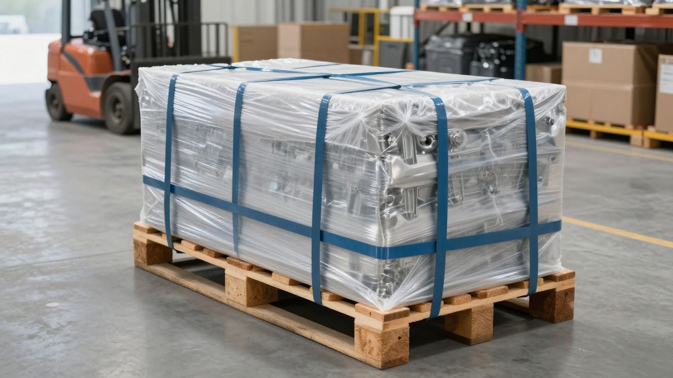 A palletized engine ready for secure courier shipping
