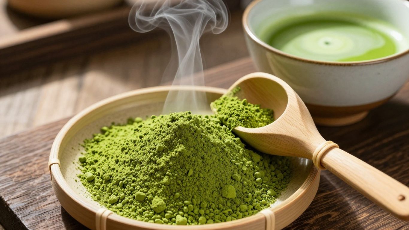 Vibrant green matcha powder and frothy matcha tea.