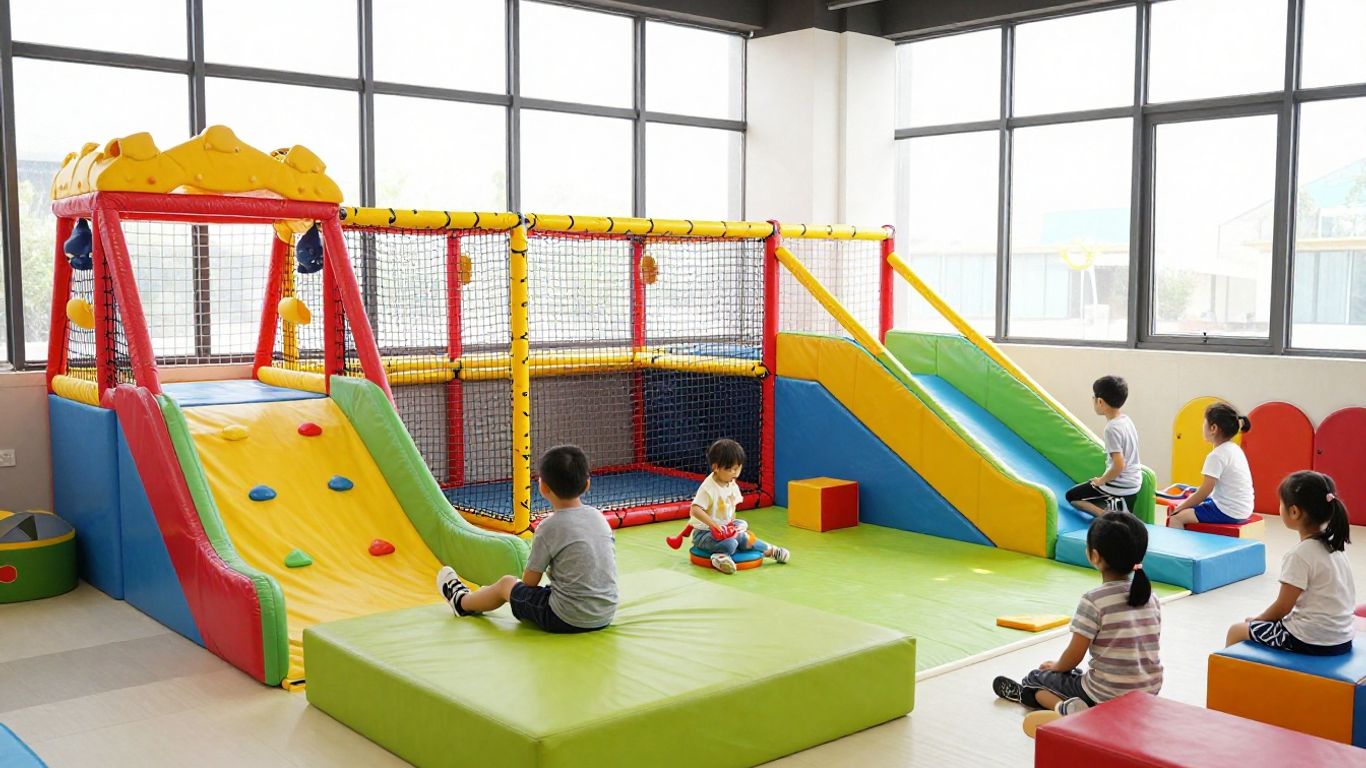 Children playing in a colourful indoor playground.