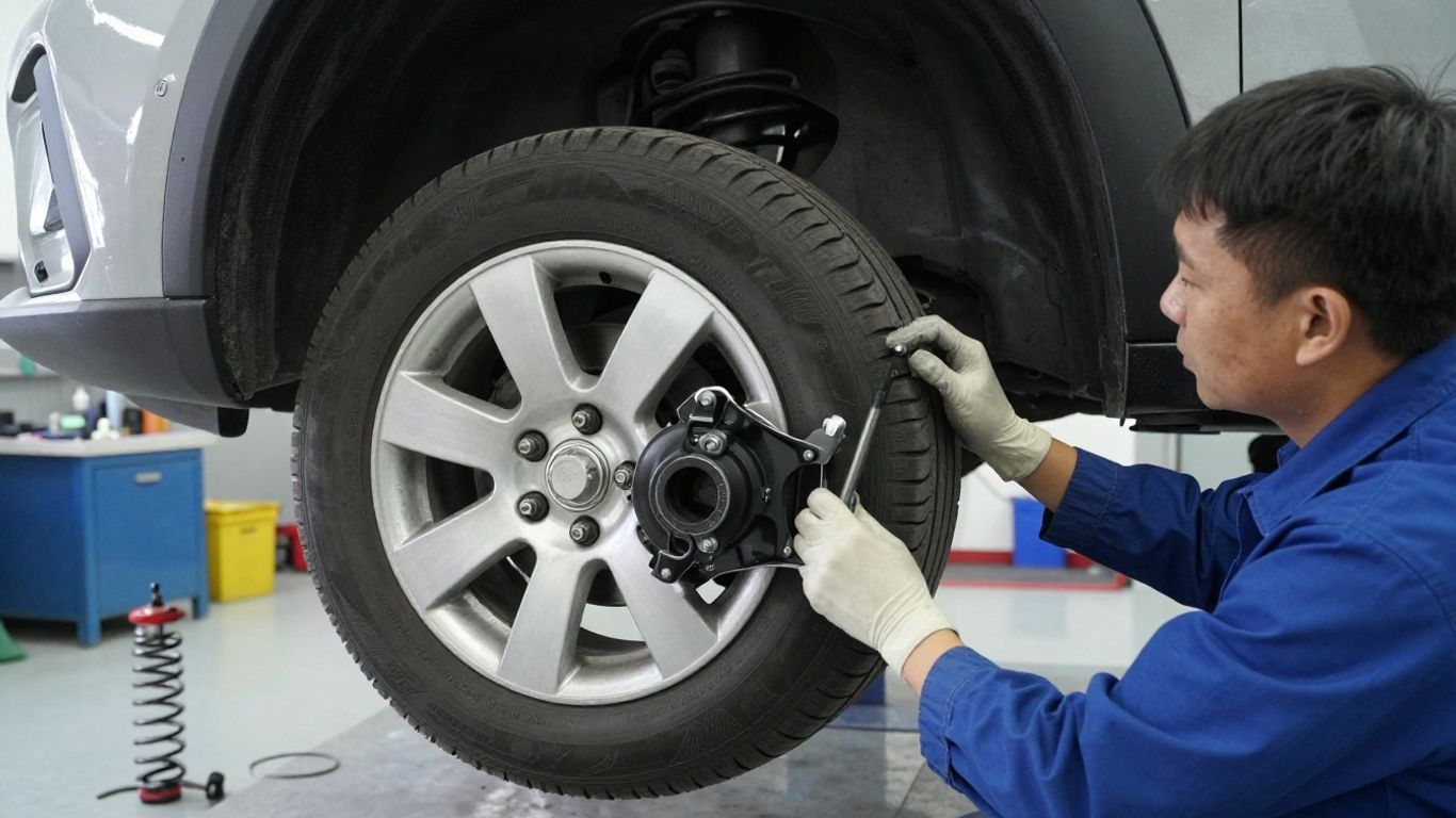 Technician inspecting steering and suspension components