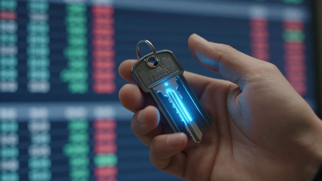 Hand holding glowing key, abstract financial data background.