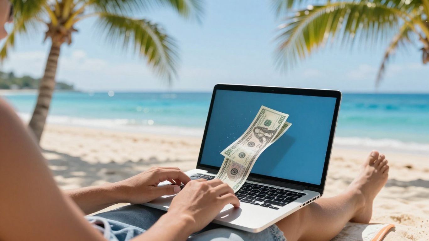 Persona relajada en la playa con dinero fluyendo de la laptop.