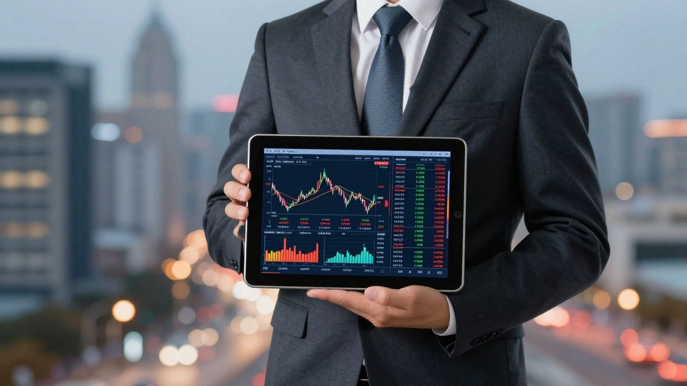 Broker using tablet in financial district