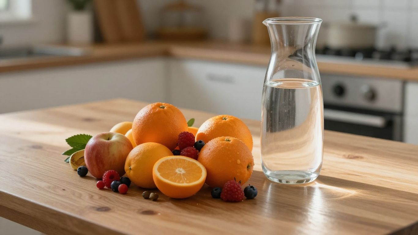 Frutas frescas e água em mesa iluminada