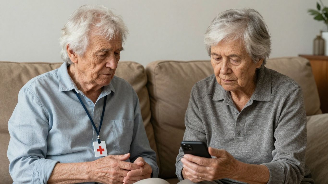Senior with medical alert pendant and caregiver using device.