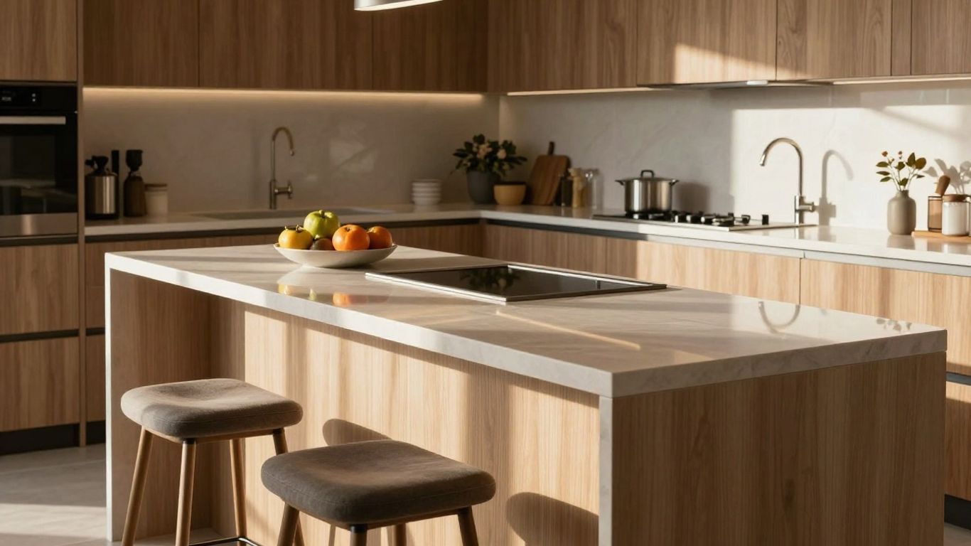 Stylish breakfast bar work surface in a modern kitchen.