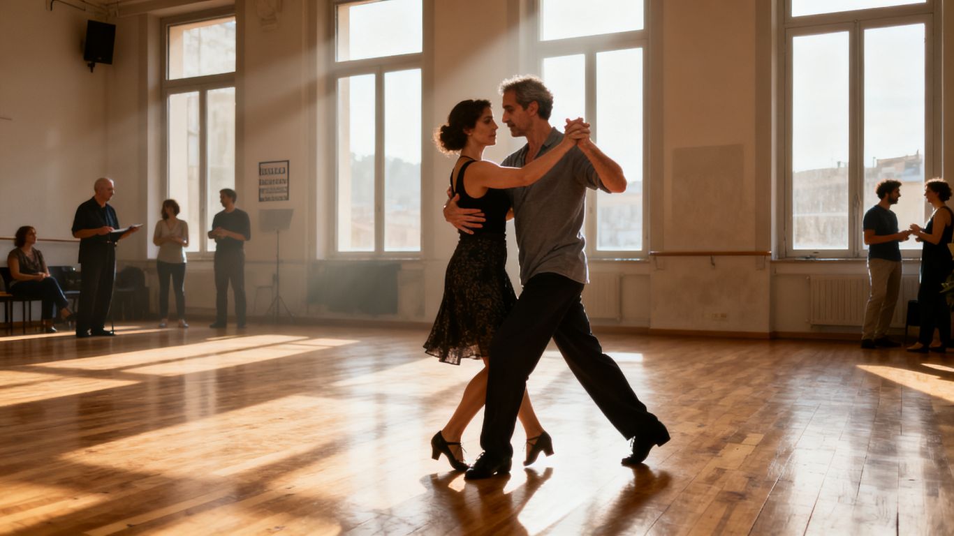 Tango dancers practicing in a Medellín studio