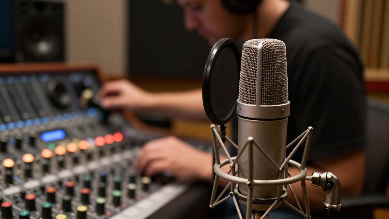 Recording studio microphone and mixing console.