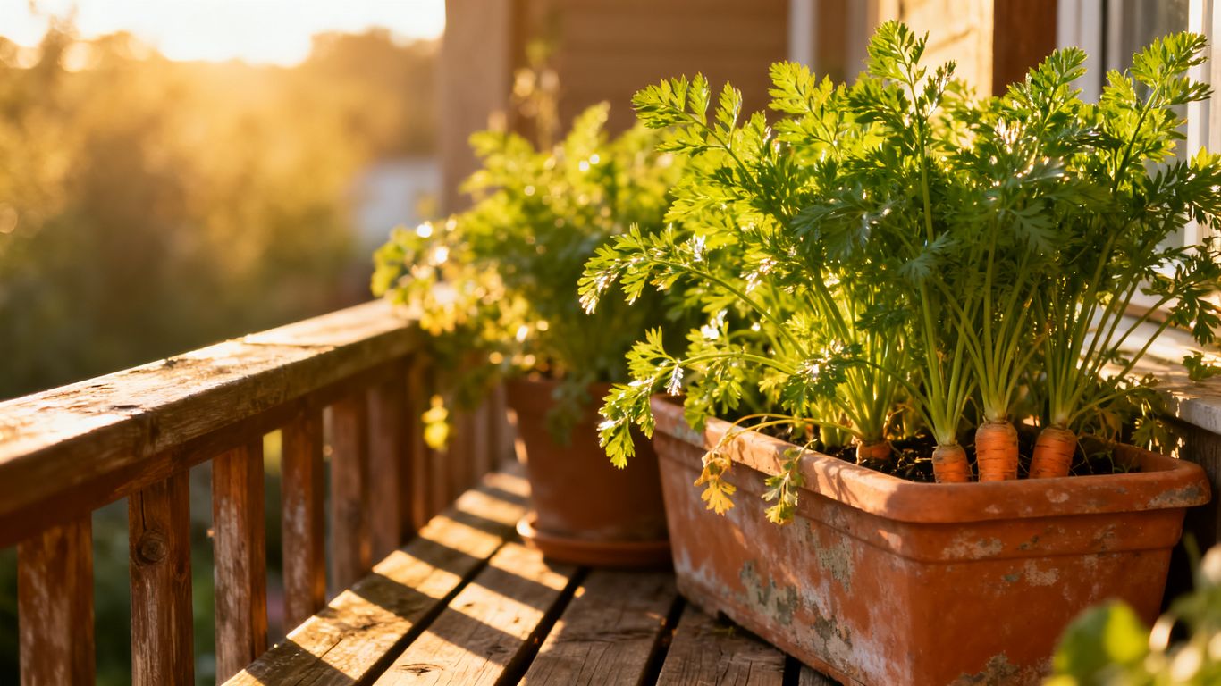 Sonnige Terrasse mit grünen Pflanzen