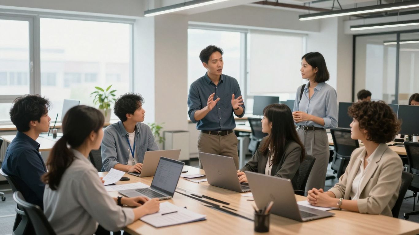 Creative professionals networking in a modern office.