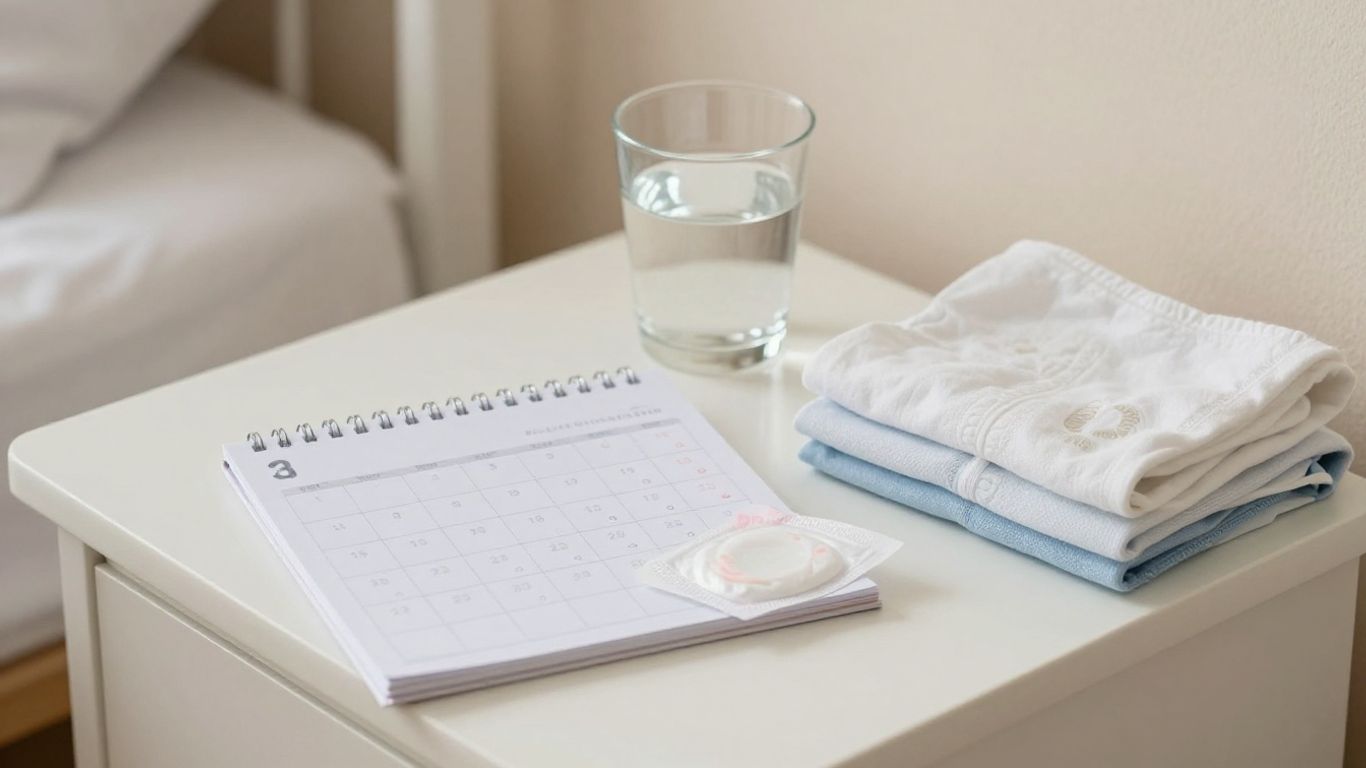Calendario y productos menstruales junto a artículos de posparto