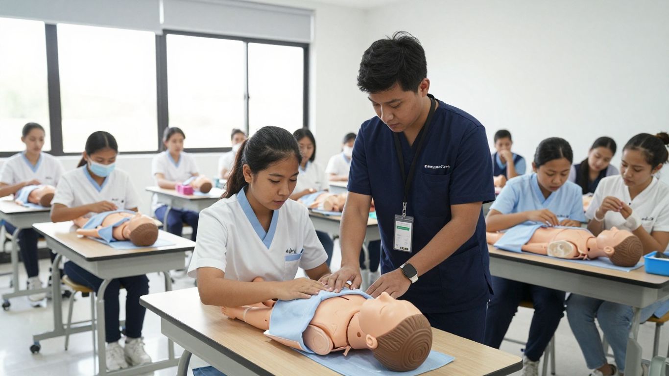 CNA students practicing skills in a training lab