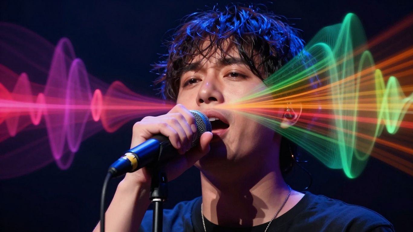 Singer performing with colorful sound waves around them.