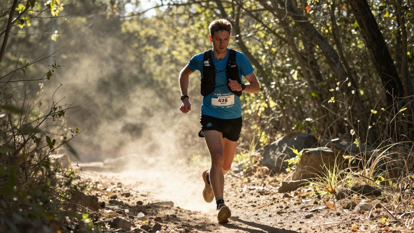 Runner on a scenic trail during a 50-mile race.
