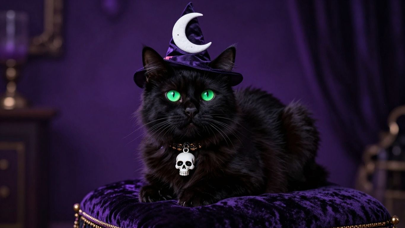 Warlock-themed cat accessories: hat and collar.