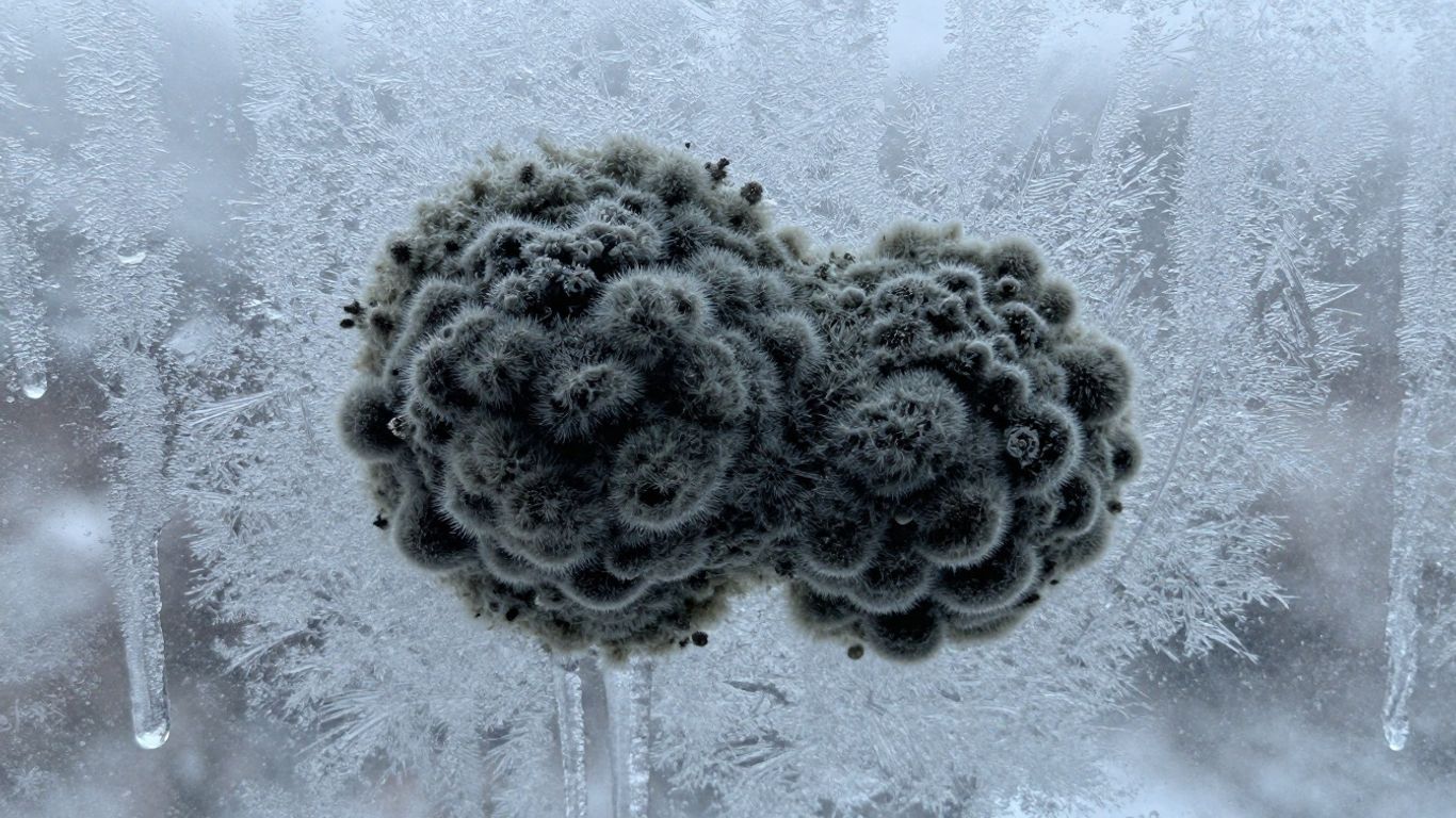 Mold growing on a frosty winter windowpane.