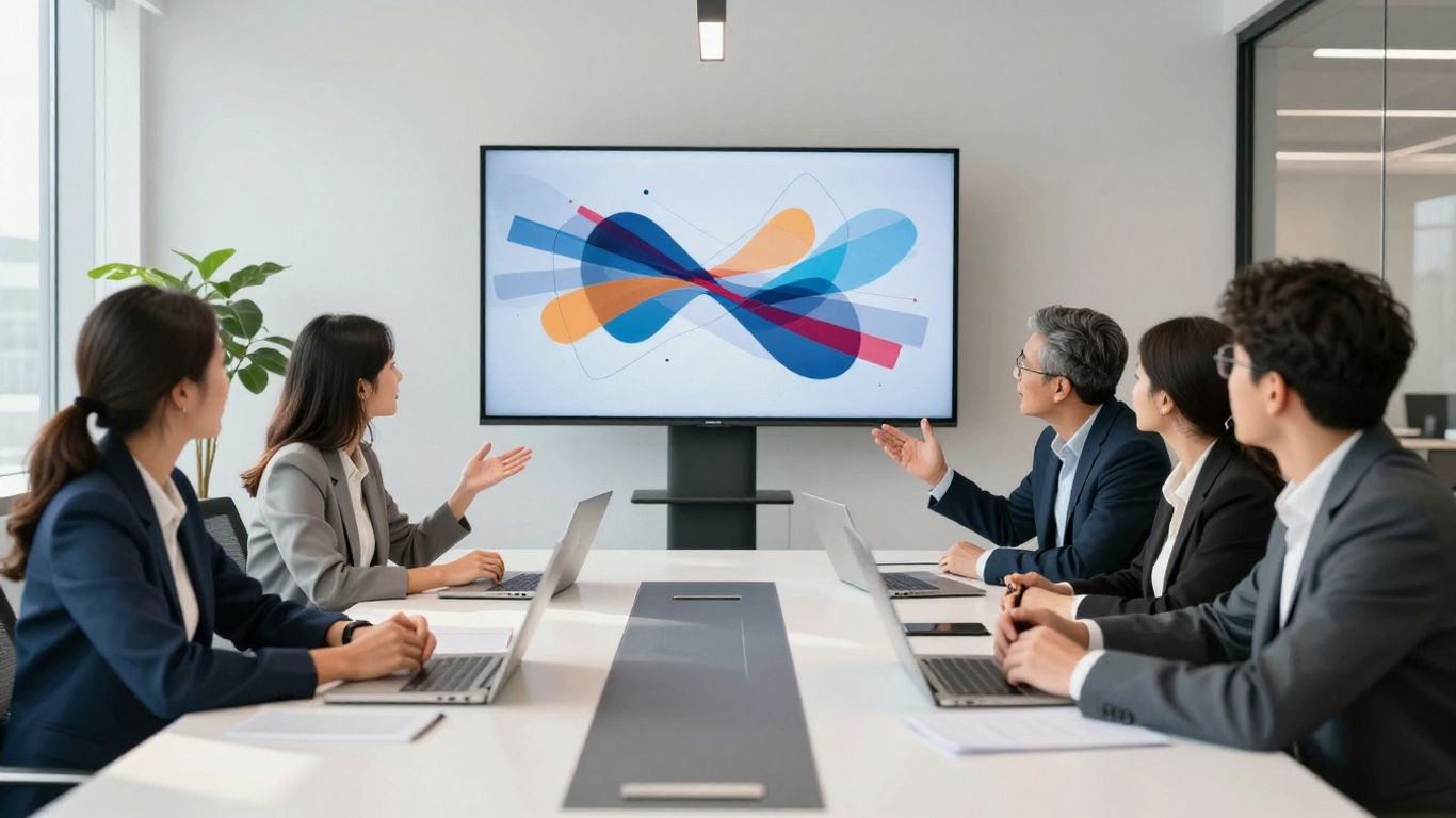 Marketing team collaborating in a modern office.
