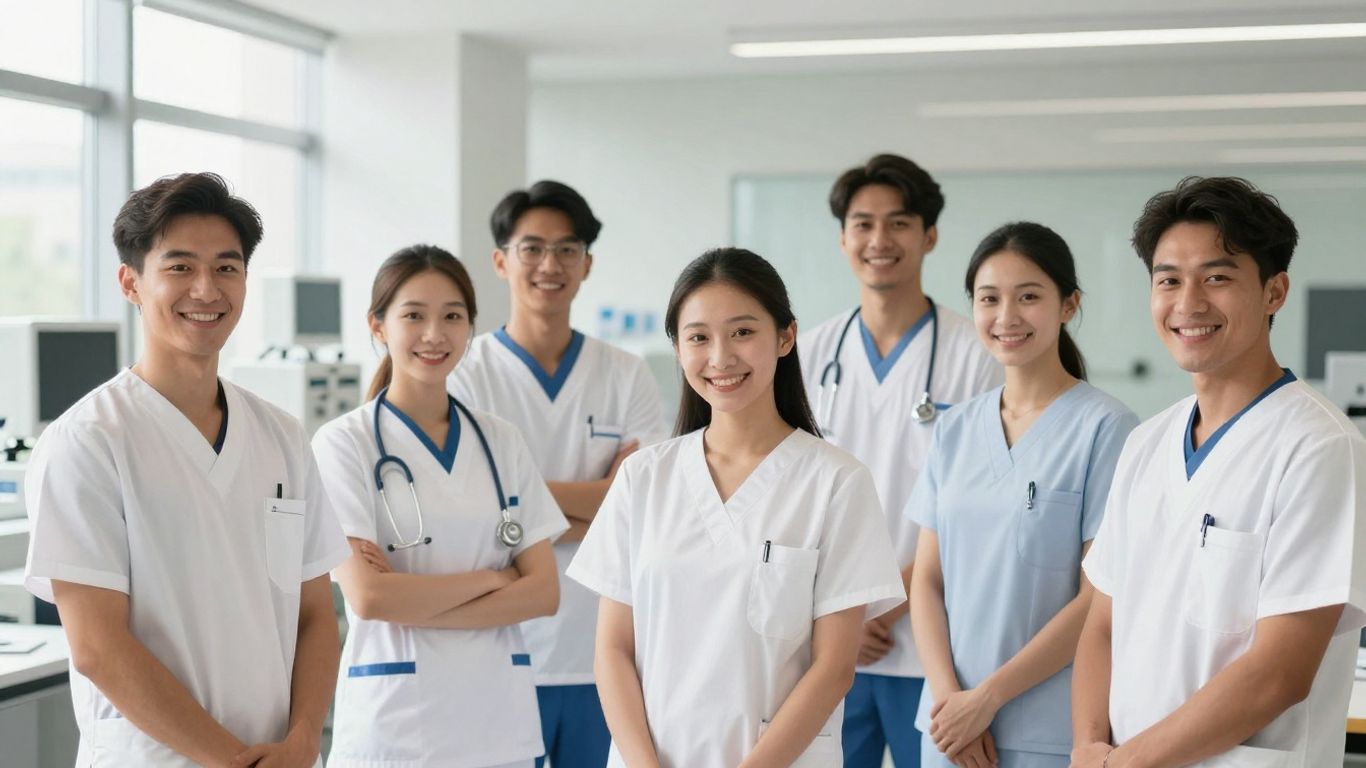 Students in CNA scrubs smiling in a classroom.