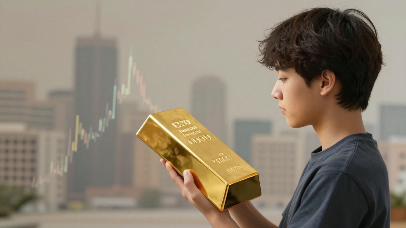 Jeune investisseur regardant une barre d'or brillante.