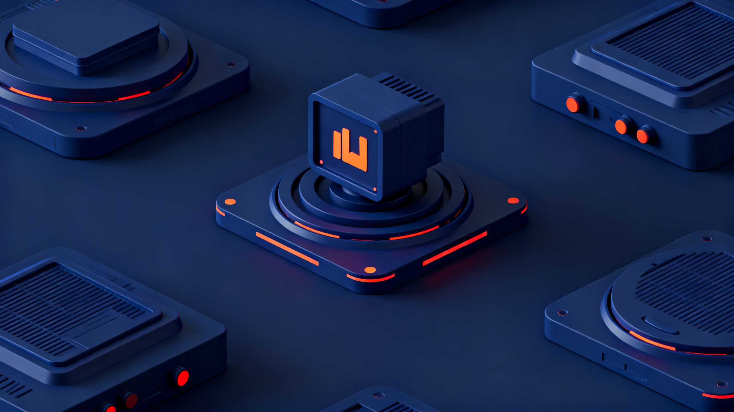 3D isometric illustration of advanced technology, clean and minimalist editorial style, deep navy blue and tech blue color palette with subtle orange-red accents, soft studio lighting, matte finish, premium tech media aesthetic, octane render
