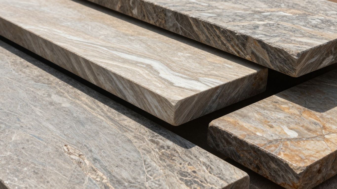 Polished stone slabs stacked, showing natural patterns and texture.