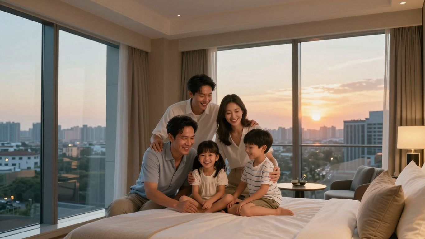 Happy family enjoying a luxury suite with a view